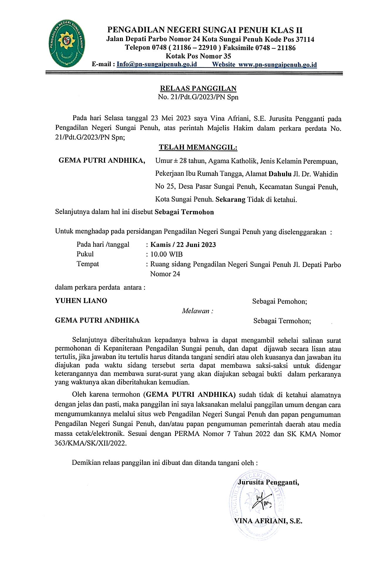 Panggilan Sidang Perkara No. 21/Pdt.G/2023/PN Spn